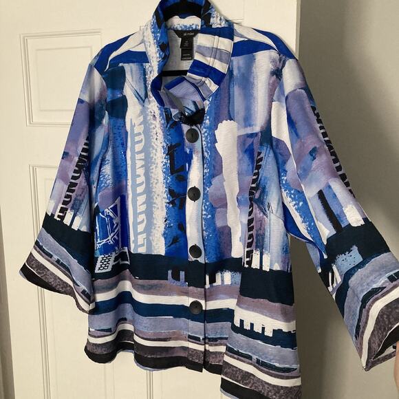 Ali Miles Lagenlook Blouse wired collar Blue artsy Geometric Long Sleeve PLUS 2X - Picture 3 of 11